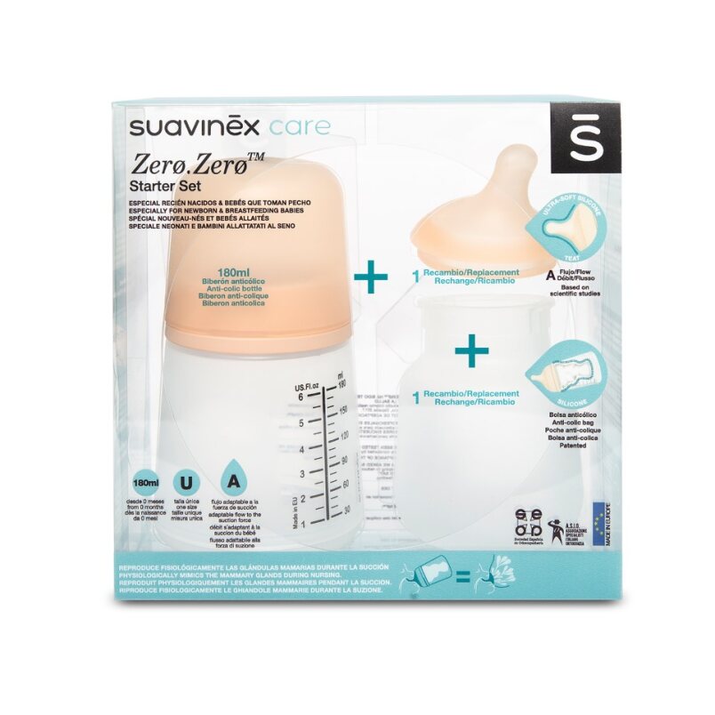 Set de inicio ZeroZero con biberón 180ml, recambio de tetina y bolsa anticólicos Suavinex