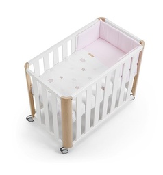 [VMIDOCBLNASRS] Minicuna 90x50 DOCO Sleeping - Blanco/Natural con colchón, nórdico, protector y bajera (Star Rosa)