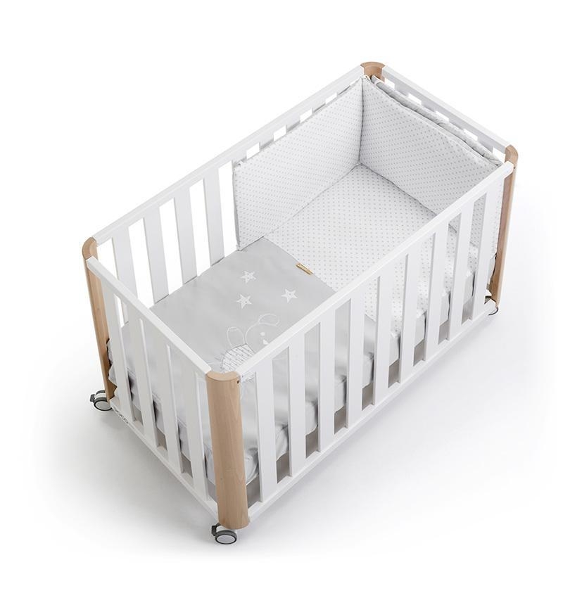 Cuna 120x60 DOCO Sleeping - Blanco/Natural con colchón, colcha y protector