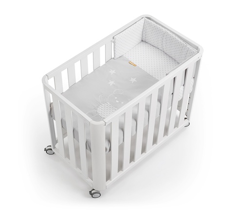 Minicuna 90x50 DOCO Sleeping - Blanco con colchón, nórdico, protector y bajera