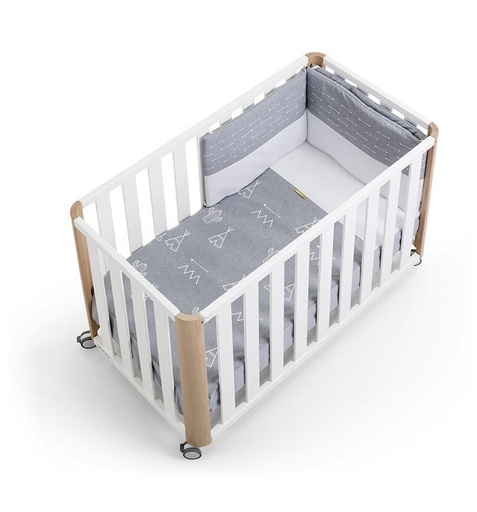 Cuna 120x60 DOCO Sleeping - Blanco/Natural con colchón, colcha y protector